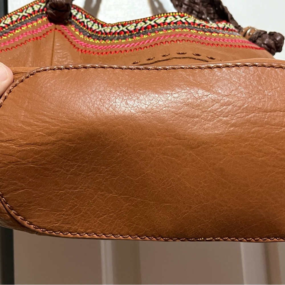 The Sak Brown Leather Shoulder Bag with Pink & Cream Embroidered Trim - Picture 4 of 15